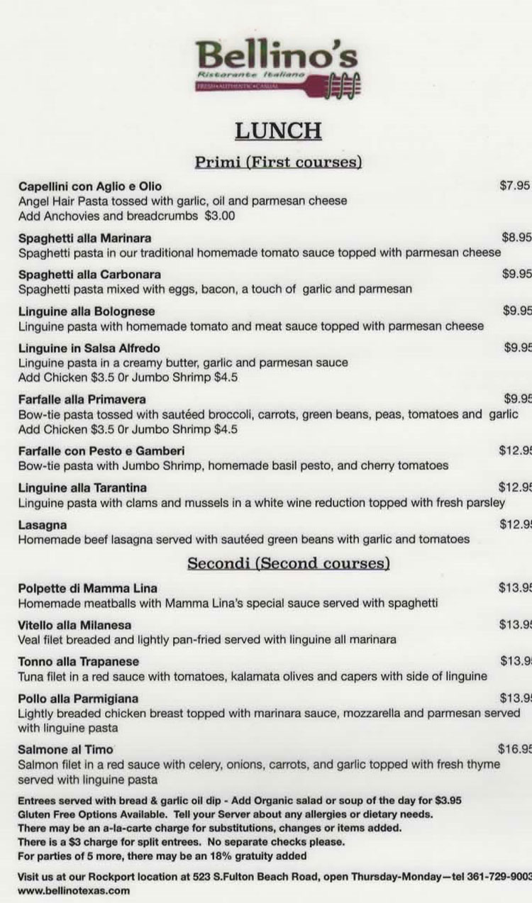 Bellino's Restaurant Lunch Menu in Corpus Christi, Texas.