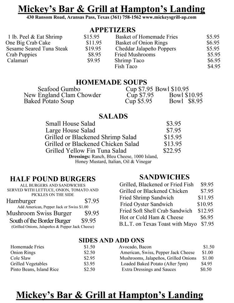 Mickeys Bar & Grill Restaurant Menu Aransas Pass Texas