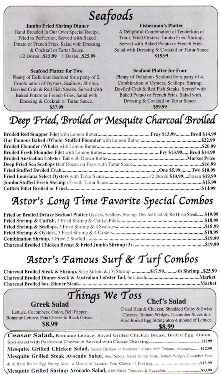 Astor Restaurant Menu in Corpus Christi, Texas.