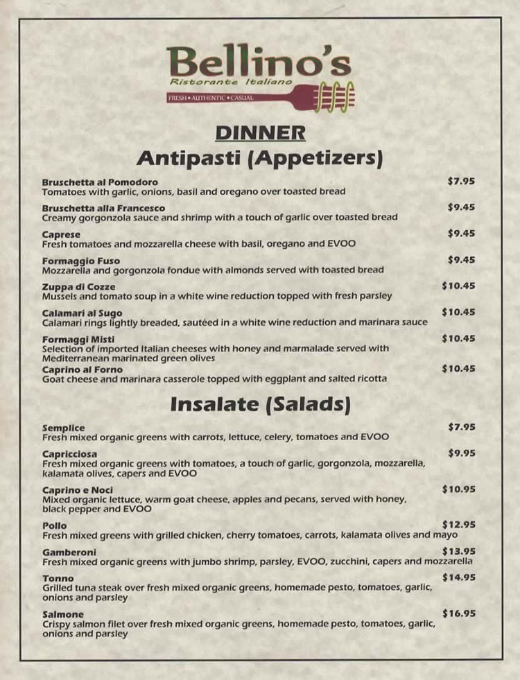 Bellino's Restaurant Menu in Corpus Christi, Texas. ~ Fine Italian Cuisine