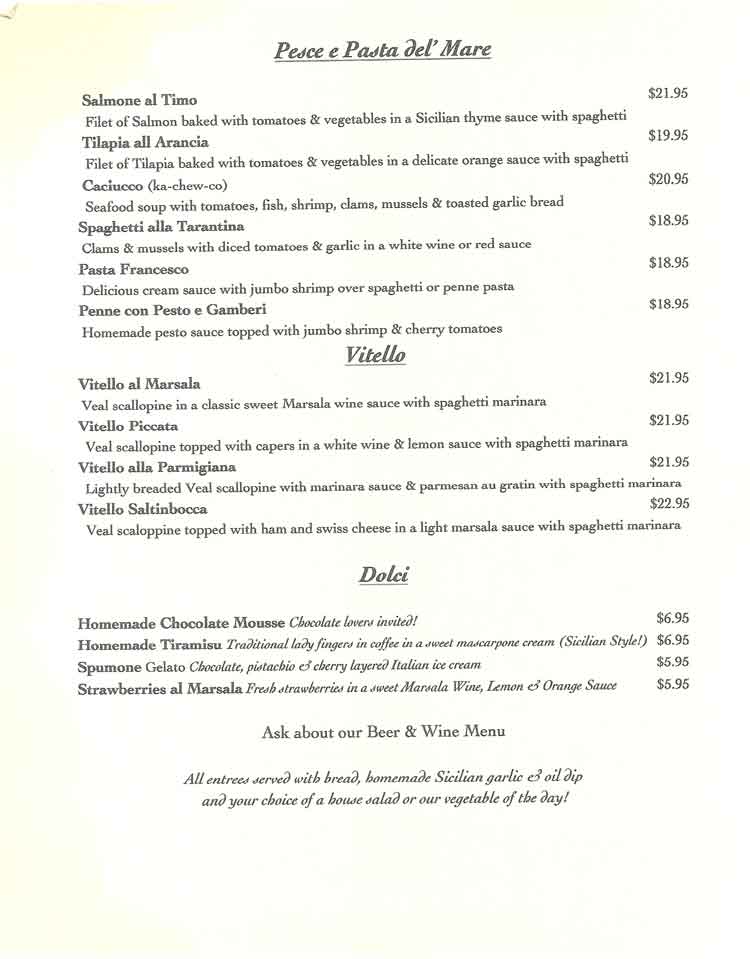 Bellinos Italian Restaurant Menu Rockport Fulton