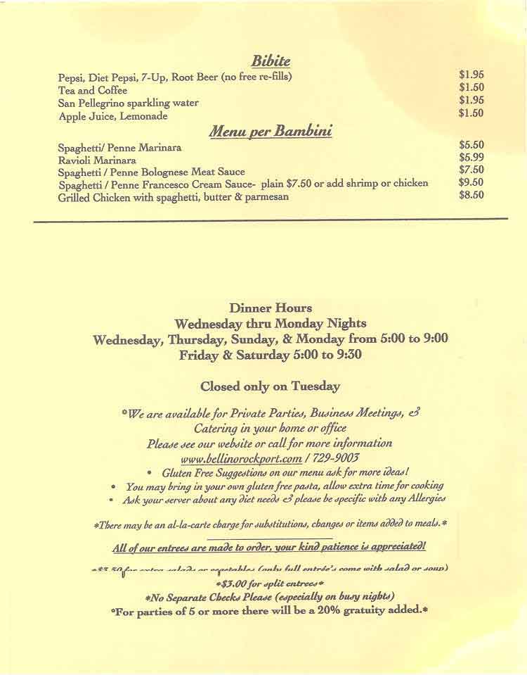 Bellinos Italian Restaurant Menu Rockport Fulton