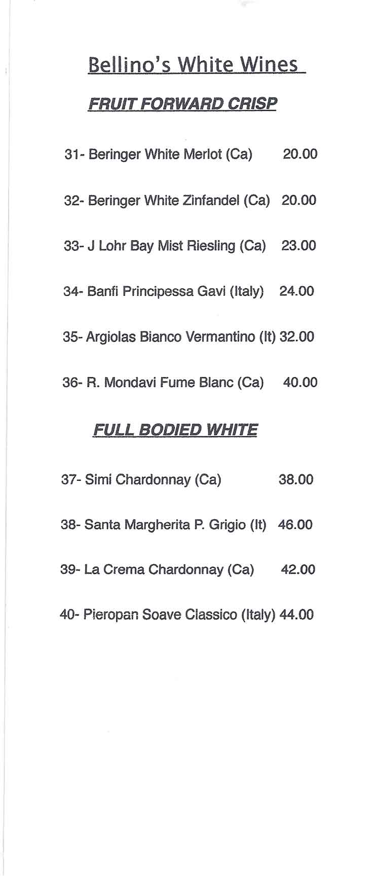 Bellinos Italian Restaurant Wine Menu Rockport Fulton