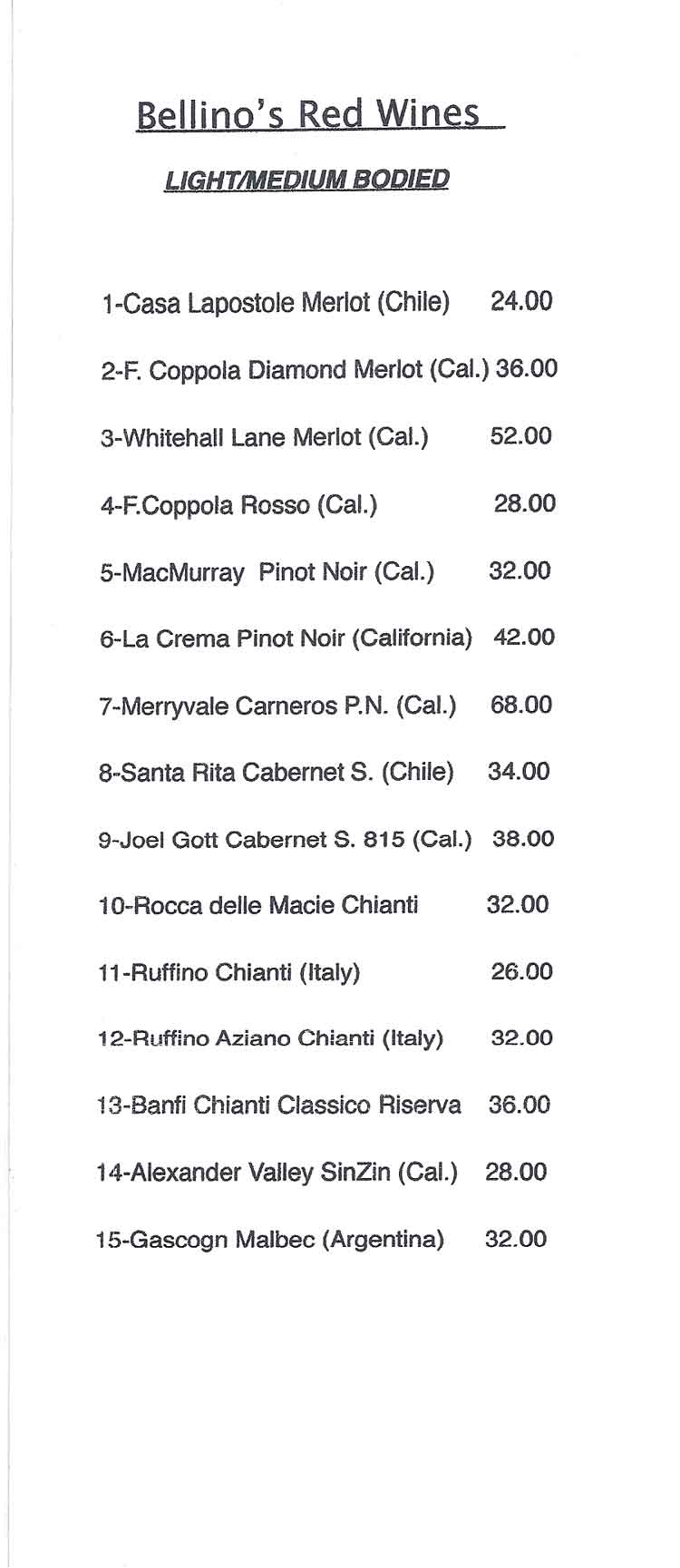 Bellinos Italian Restaurant Wine Menu Rockport Fulton