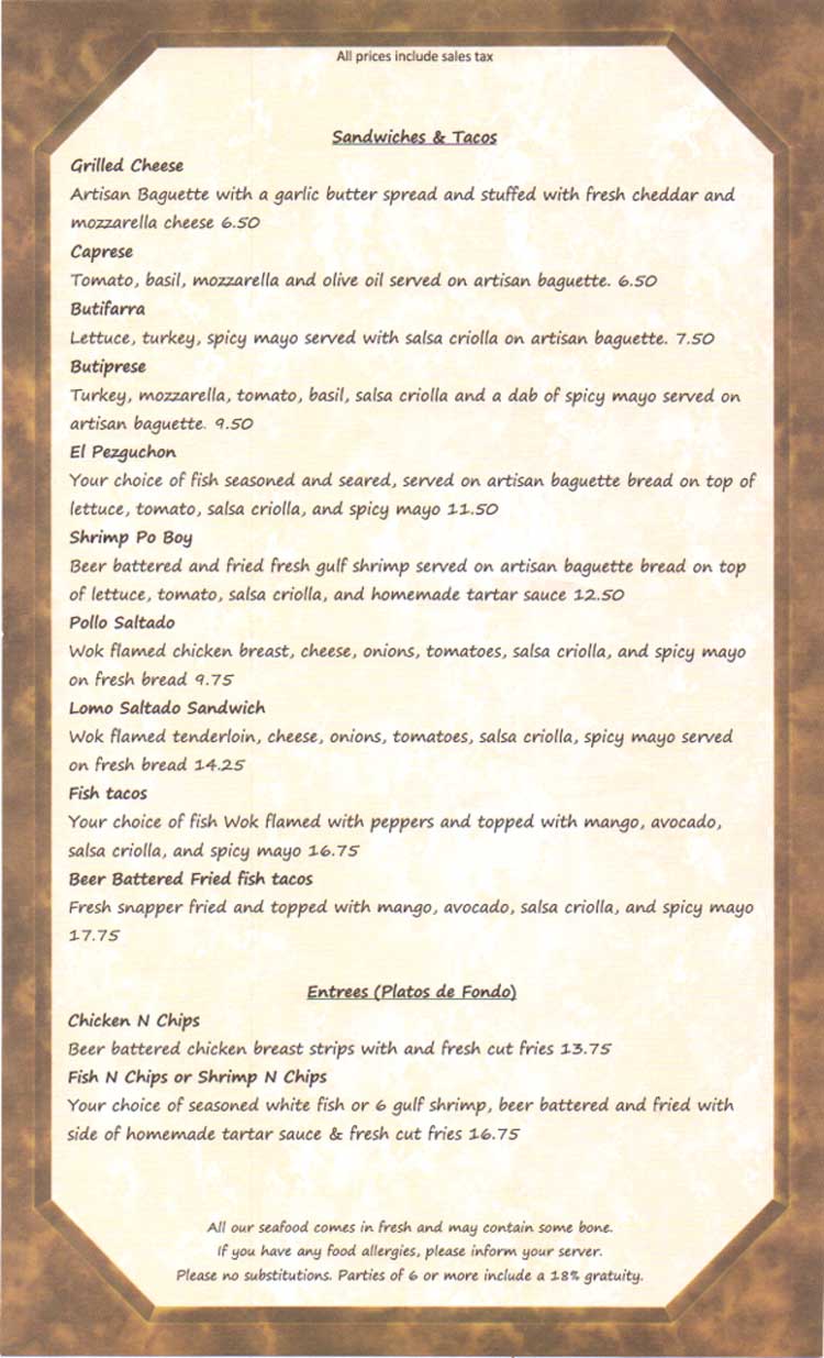 Costa Sur Wok & Ceviche Bar Restaurant Menu in Corpus Christi, TX.