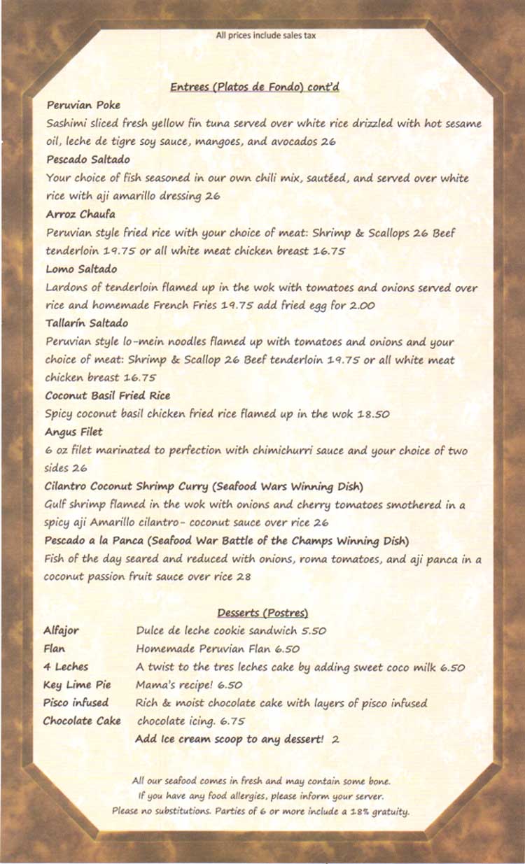 Costa Sur Wok & Ceviche Bar Restaurant Menu in Corpus Christi, TX.