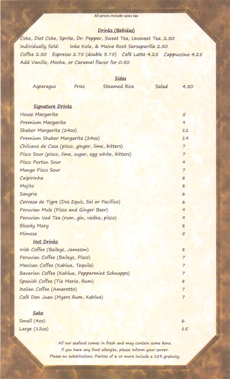 Costa Sur Wok & Ceviche Bar Restaurant Menu in Corpus Christi, TX.