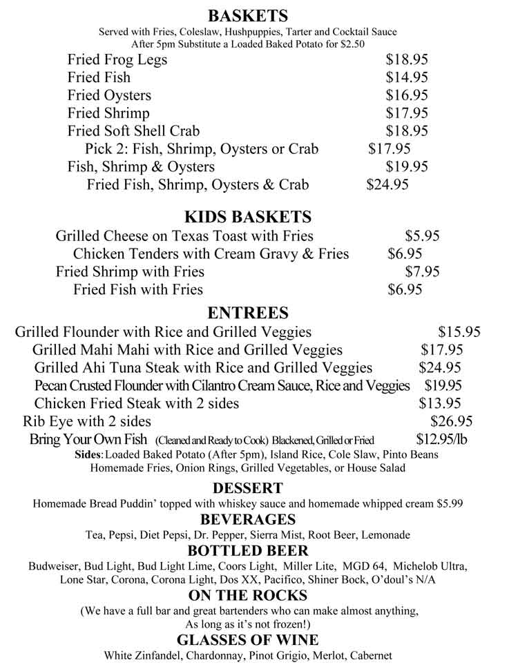 Mickeys Bar & Grill Restaurant Menu Aransas Pass Texas