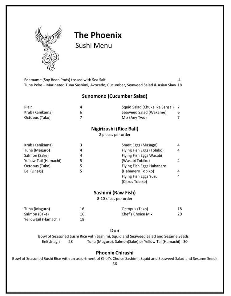 The Phoenix Restaurant Menu in Port Aransas, Texas.