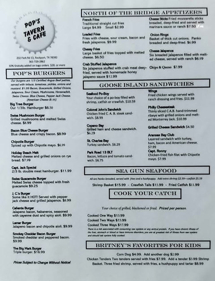Pops Restaurant Menu in Rockport - Fulton , TX.