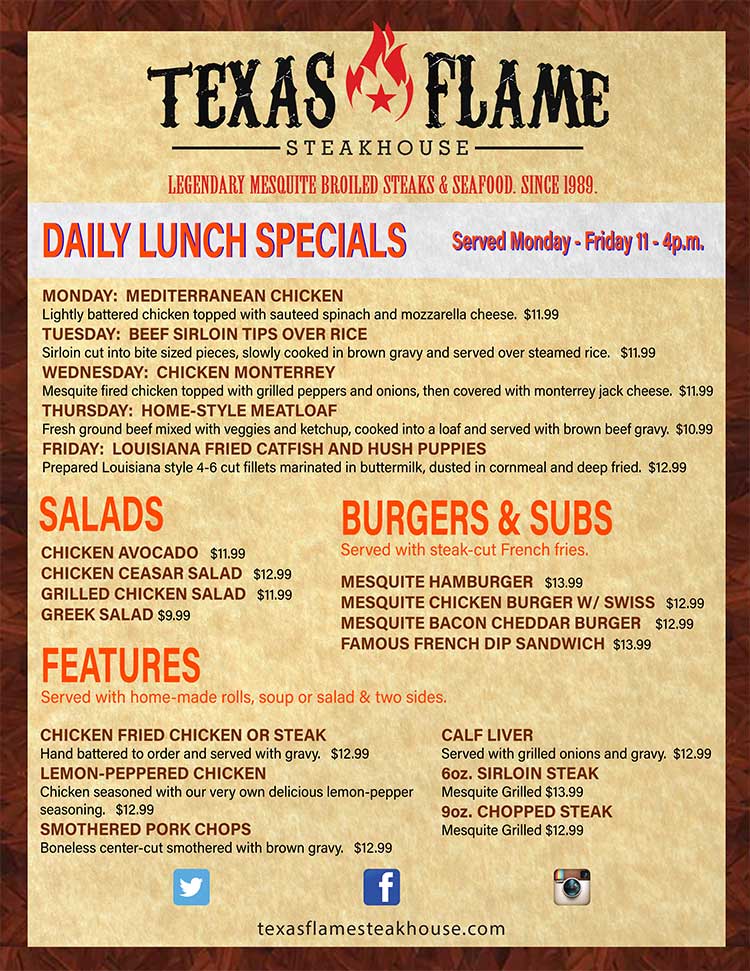 Lunch Menu at Texas Flame Steakhouse in Corpus Christi, Texas.