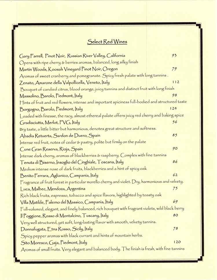 Venetian Hot Plate Restaurant Wine Menu in Port Aransas, Texas.