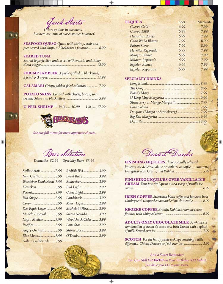 Blackbeard's Drinks Menu