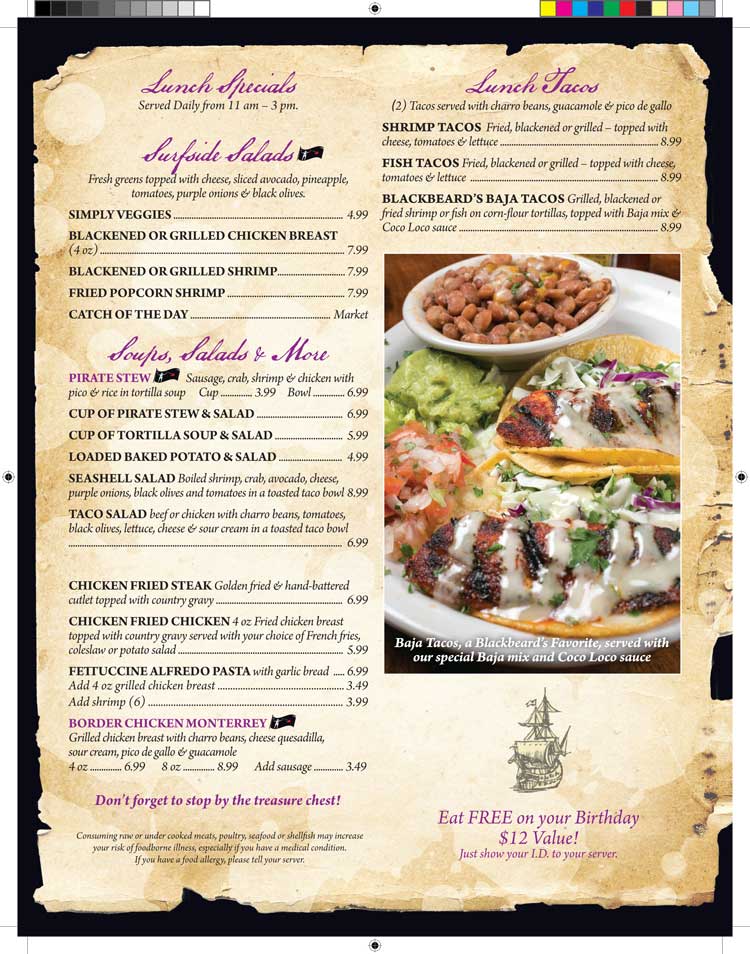 Blackbeard's Lunch Menu