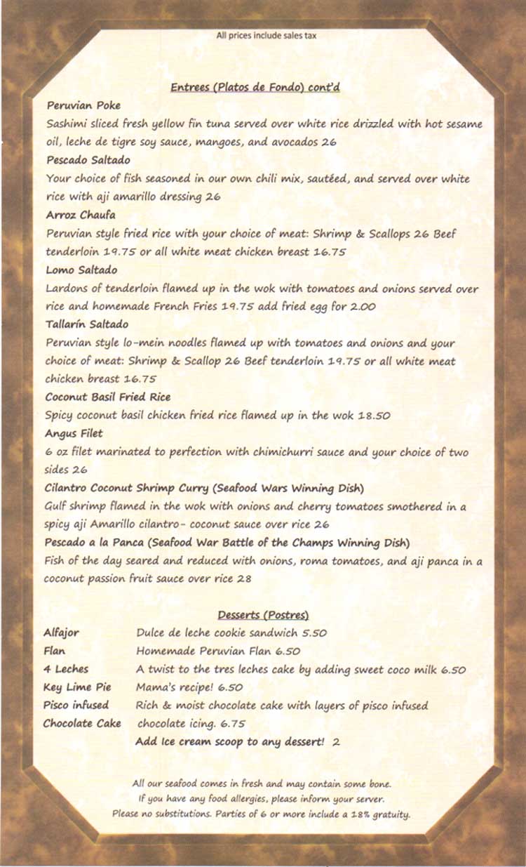 Costa Sur Wok & Ceviche Bar Restaurant Menu in Corpus Christi, TX.