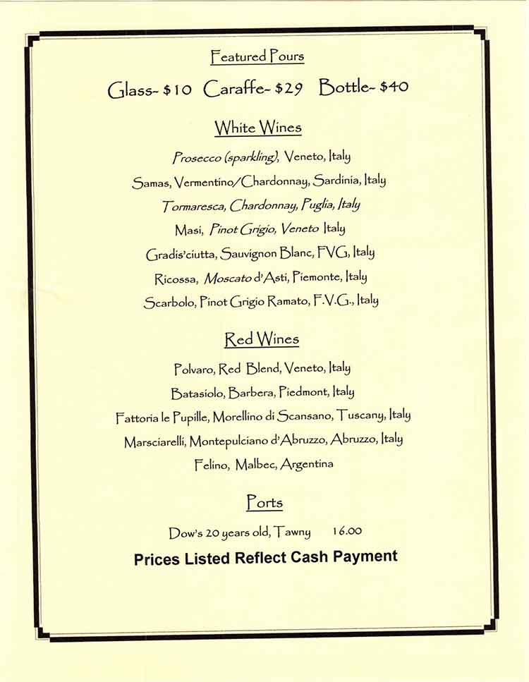 Venetian Hot Plate in Port Aransas Restaurant Menu Venetian Hot Plate Restaurant Wine Menu in Port Aransas, Texas.