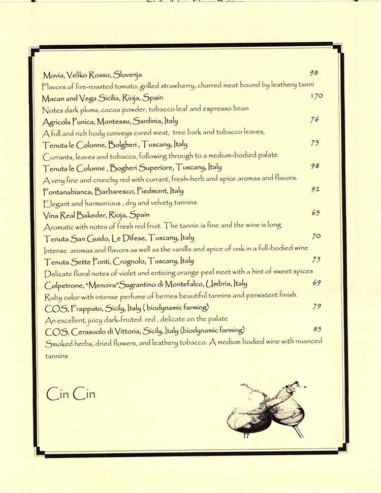 Venetian Hot Plate in Port Aransas Restaurant Menu Venetian Hot Plate Restaurant Wine Menu in Port Aransas, Texas.